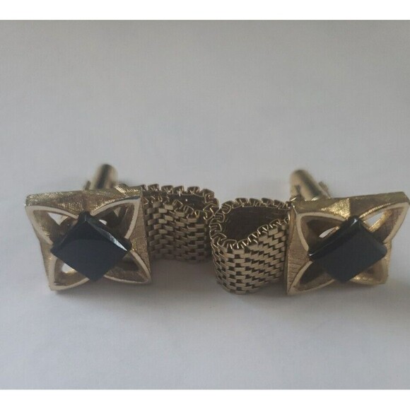 Vintage Cufflinks Gold-toned with Black Stone Square Unbranded Pre-Owned - Picture 2 of 7